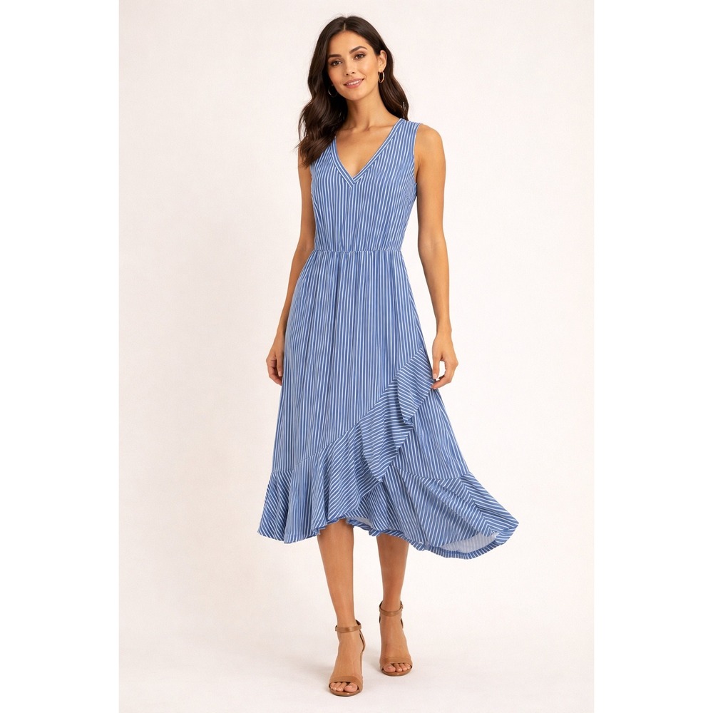 French‎ Grey Striped Midi Dress Women XS Blue V-Neck Ruffle High-Low Sleeveless